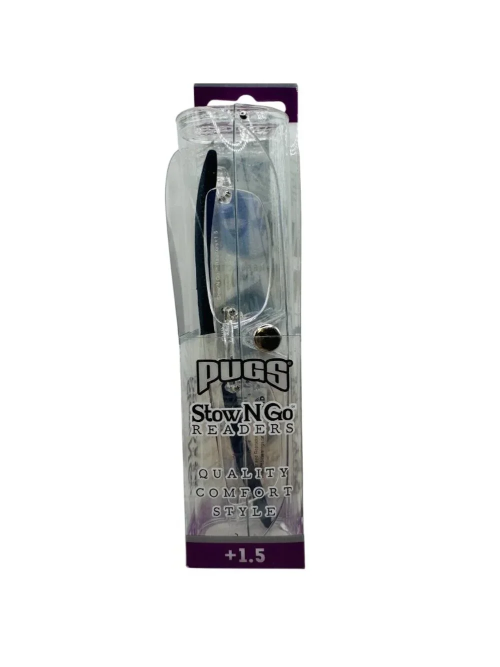 Pugs Stow N Go BLACK Readers +1.5 With Ultra-Lite Rimless Design & Protective Ca